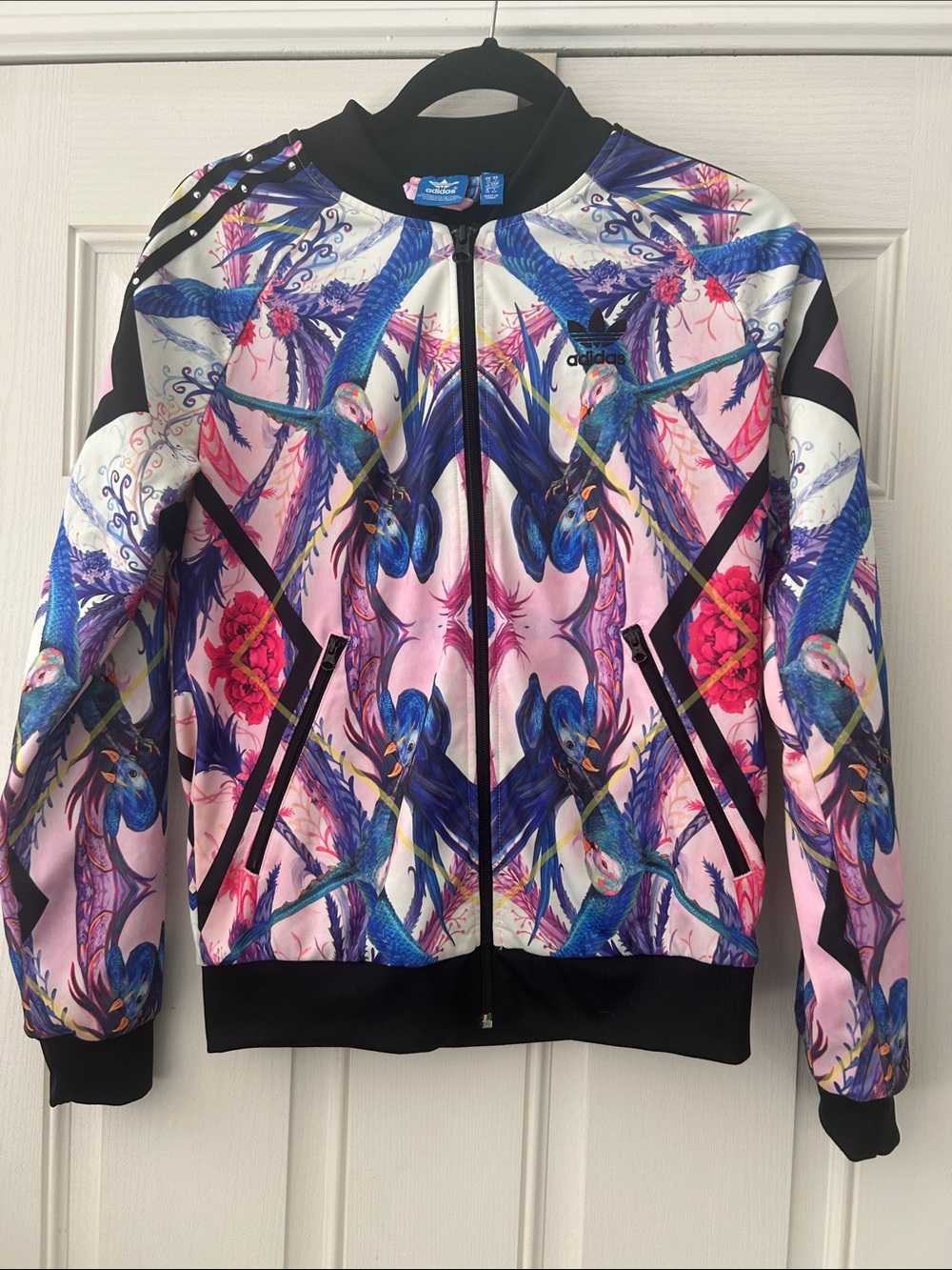 adidas Pink Floral & Blue Bird-Print Bomber Jacket